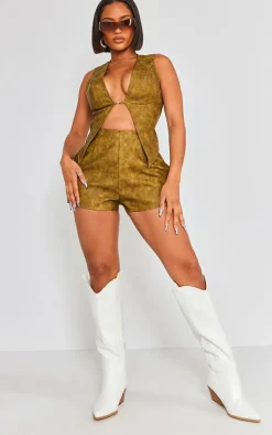 New PrettyLittleThing Shape Washed Faux Leather Shorts Khaki