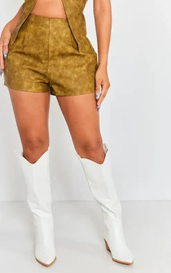New PrettyLittleThing Shape Washed Faux Leather Shorts Khaki