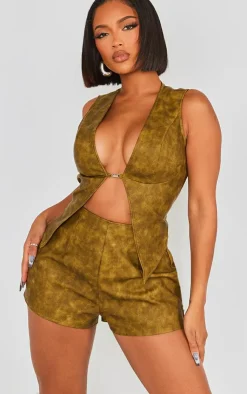 New PrettyLittleThing Shape Washed Faux Leather Shorts Khaki