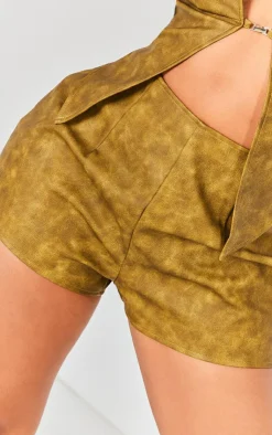 New PrettyLittleThing Shape Washed Faux Leather Shorts Khaki