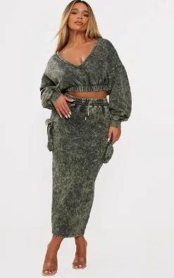 Outlet PrettyLittleThing Shape Washed Sweat Maxi Skirt Khaki