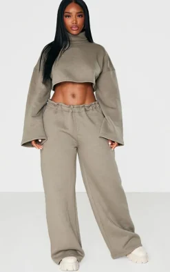 Sale PrettyLittleThing Shape Wide Leg Toggle Waist Detail Sweatpants Khaki