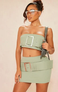 New PrettyLittleThing Shape Woven Belted Bandeau Khaki