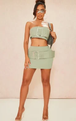 New PrettyLittleThing Shape Woven Belted Bandeau Khaki