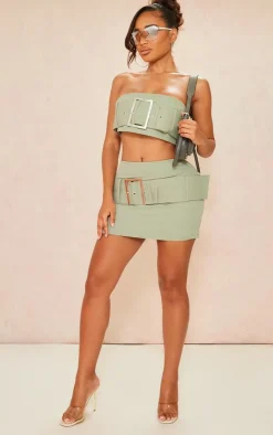 Hot PrettyLittleThing Shape Woven Belted Micro Mini Skirt Khaki