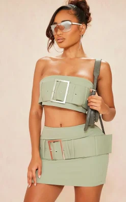 Hot PrettyLittleThing Shape Woven Belted Micro Mini Skirt Khaki