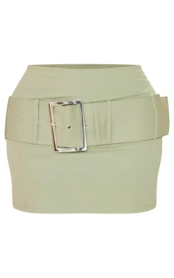 Hot PrettyLittleThing Shape Woven Belted Micro Mini Skirt Khaki