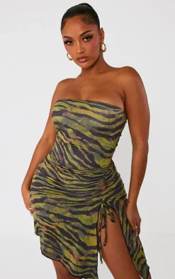 Shape Zebra Print Slinky Bandeau Ruched Side Frill Bodycon Dress-PrettyLittleThing New