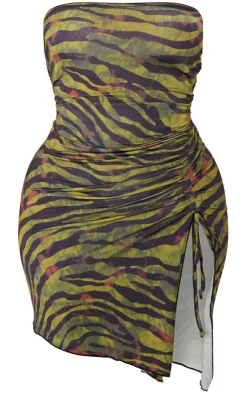 Shape Zebra Print Slinky Bandeau Ruched Side Frill Bodycon Dress-PrettyLittleThing New