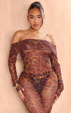 Online PrettyLittleThing Shape Leopard Mesh Bardot Foldover Top Brown