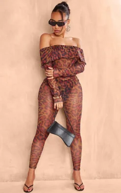 Online PrettyLittleThing Shape Leopard Mesh Bardot Foldover Top Brown