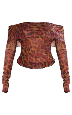 Online PrettyLittleThing Shape Leopard Mesh Bardot Foldover Top Brown