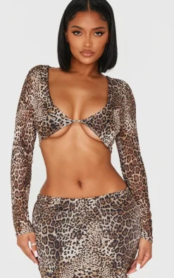 New PrettyLittleThing Shape Print Long Sleeve Crop Top Leopard