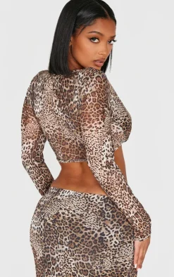 New PrettyLittleThing Shape Print Long Sleeve Crop Top Leopard
