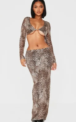 New PrettyLittleThing Shape Print Long Sleeve Crop Top Leopard
