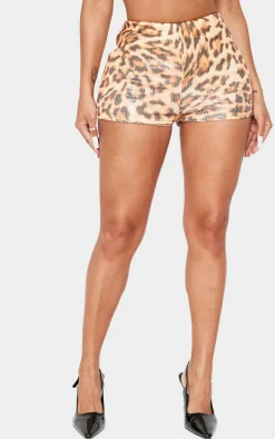 Clearance PrettyLittleThing Shape Print Sequin Mini Shorts Leopard