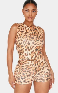 Clearance PrettyLittleThing Shape Print Sequin Mini Shorts Leopard