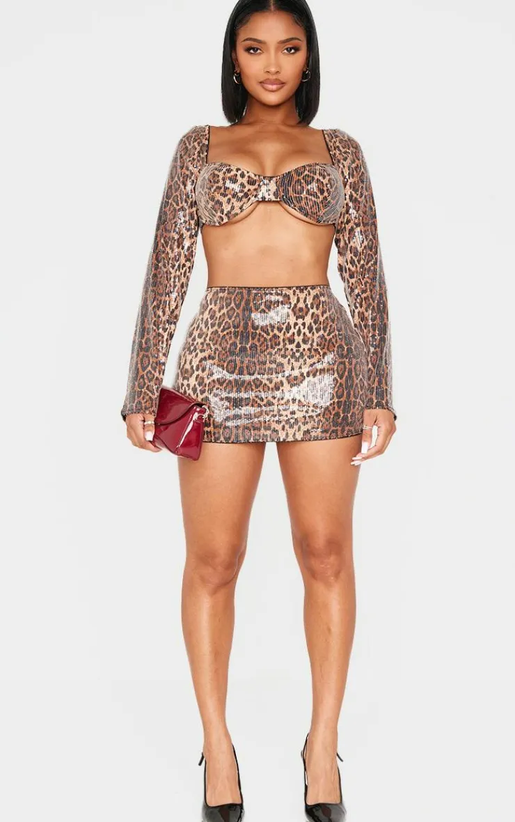 Sale PrettyLittleThing Shape Print Sequin Low Rise Mini Skirt Leopard