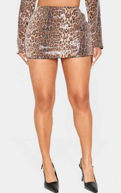 Sale PrettyLittleThing Shape Print Sequin Low Rise Mini Skirt Leopard