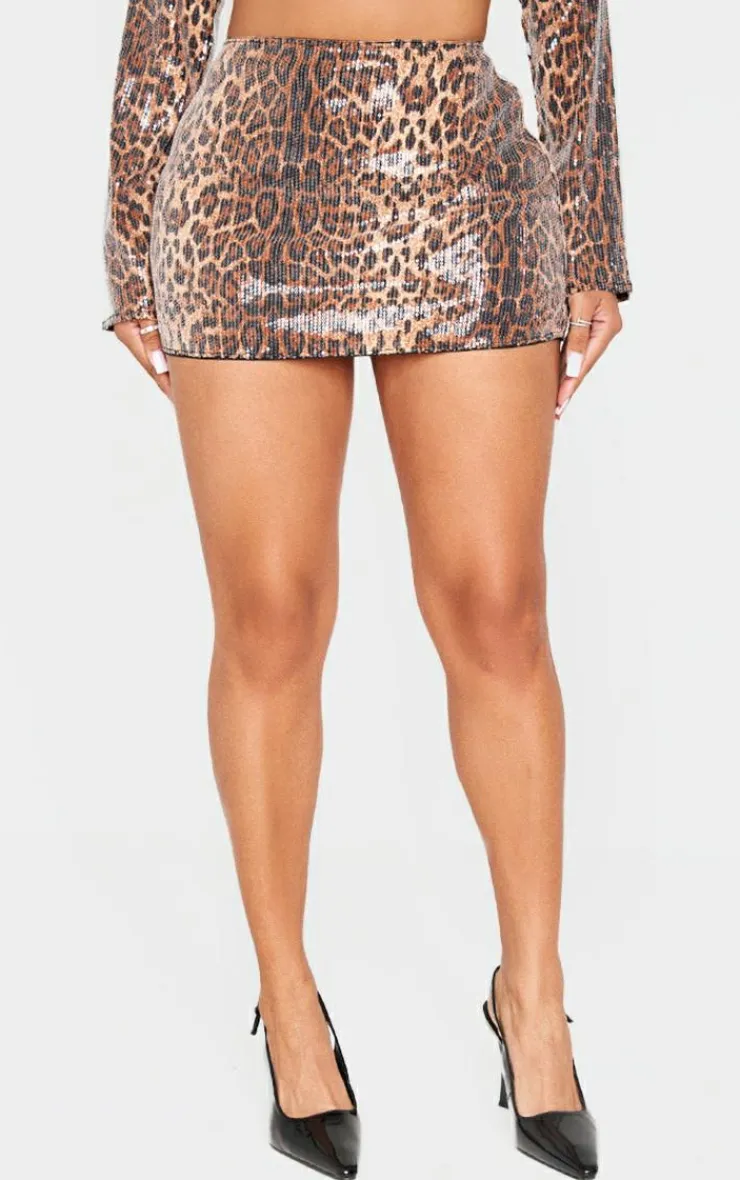 Sale PrettyLittleThing Shape Print Sequin Low Rise Mini Skirt Leopard