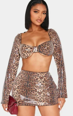New PrettyLittleThing Shape Sequin Underwired Long Sleeve Top Leopard