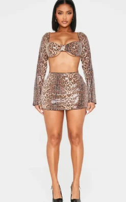 New PrettyLittleThing Shape Sequin Underwired Long Sleeve Top Leopard