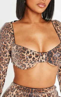 New PrettyLittleThing Shape Sequin Underwired Long Sleeve Top Leopard