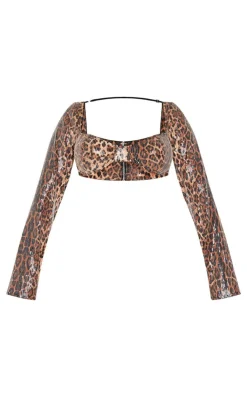 New PrettyLittleThing Shape Sequin Underwired Long Sleeve Top Leopard