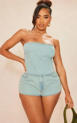 Online PrettyLittleThing Shape Denim Bandeau Light Blue Acid Wash