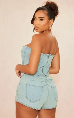 Online PrettyLittleThing Shape Denim Bandeau Light Blue Acid Wash