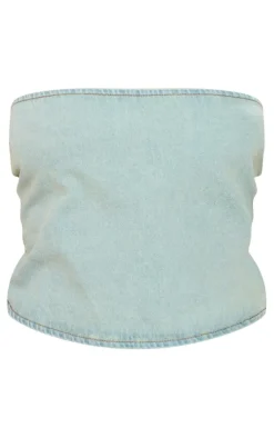 Online PrettyLittleThing Shape Denim Bandeau Light Blue Acid Wash