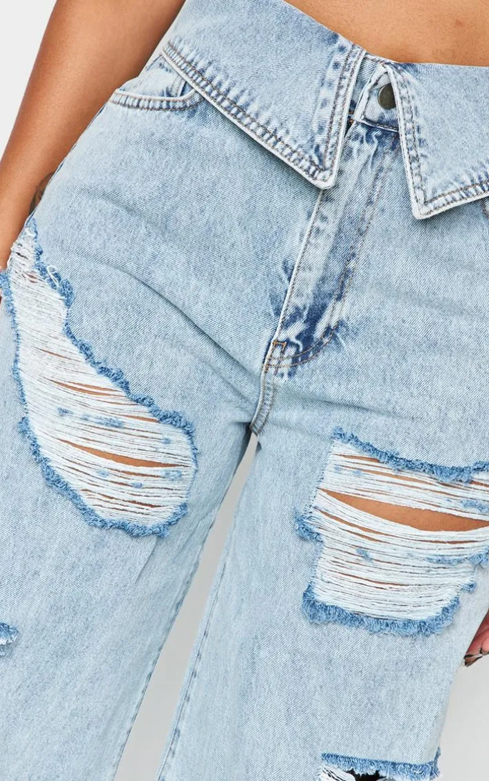 Shape Light Blue Acid Wash Denim Foldover Waist Ripped Wide Leg Jeans