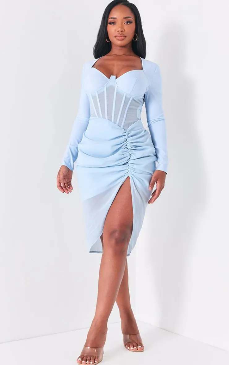 Shape Corset Long Sleeve Ruched Midi Dress-PrettyLittleThing