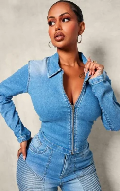 New PrettyLittleThing Shape Denim Cropped Zip Through Jacket Light Blue
