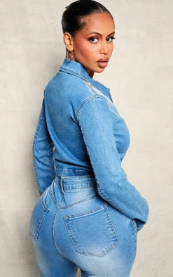 New PrettyLittleThing Shape Denim Cropped Zip Through Jacket Light Blue