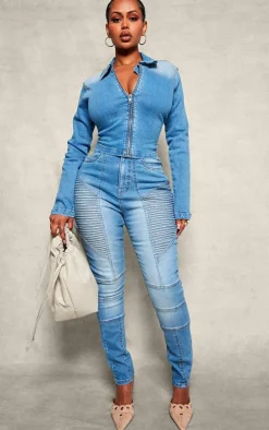New PrettyLittleThing Shape Denim Cropped Zip Through Jacket Light Blue