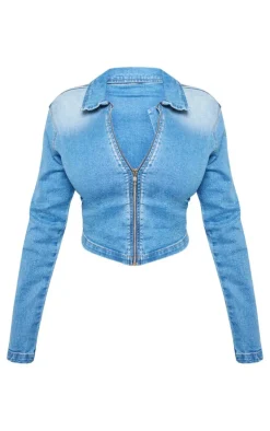 New PrettyLittleThing Shape Denim Cropped Zip Through Jacket Light Blue