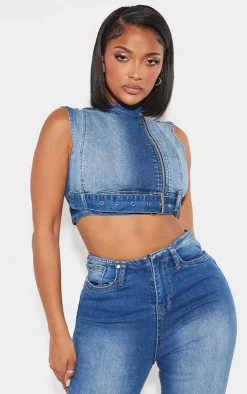 Online PrettyLittleThing Shape Denim Cropped Zip Detail Sleeveless Jacket Light Blue