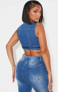Online PrettyLittleThing Shape Denim Cropped Zip Detail Sleeveless Jacket Light Blue