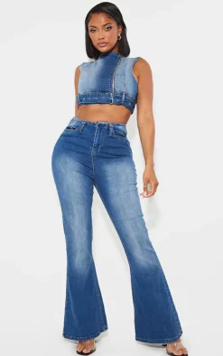 Online PrettyLittleThing Shape Denim Cropped Zip Detail Sleeveless Jacket Light Blue