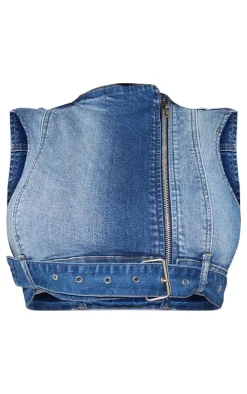 Online PrettyLittleThing Shape Denim Cropped Zip Detail Sleeveless Jacket Light Blue