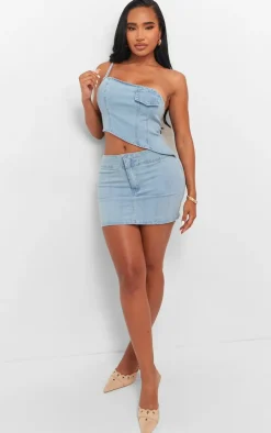Shape Light Blue Denim One Shoulder Asymmetric Seam Detail Crop Top