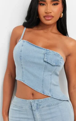 Shape Light Blue Denim One Shoulder Asymmetric Seam Detail Crop Top