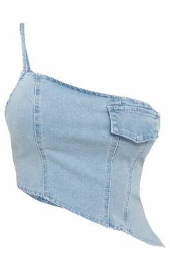 Shape Light Blue Denim One Shoulder Asymmetric Seam Detail Crop Top