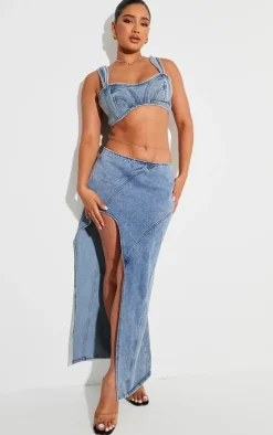 New PrettyLittleThing Shape Denim Seam Detail High Split Maxi Skirt Light Blue