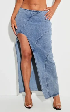 New PrettyLittleThing Shape Denim Seam Detail High Split Maxi Skirt Light Blue