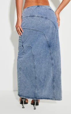New PrettyLittleThing Shape Denim Seam Detail High Split Maxi Skirt Light Blue