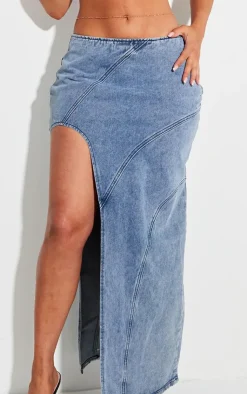 New PrettyLittleThing Shape Denim Seam Detail High Split Maxi Skirt Light Blue