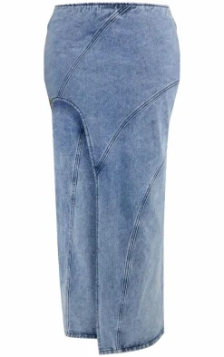 New PrettyLittleThing Shape Denim Seam Detail High Split Maxi Skirt Light Blue