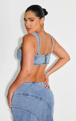 Hot PrettyLittleThing Shape Denim Seam Detail Bralet Light Blue